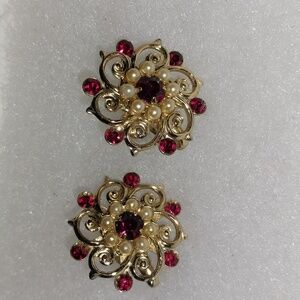 Elegant Vintage Gold Tone and Red Floral Earrings